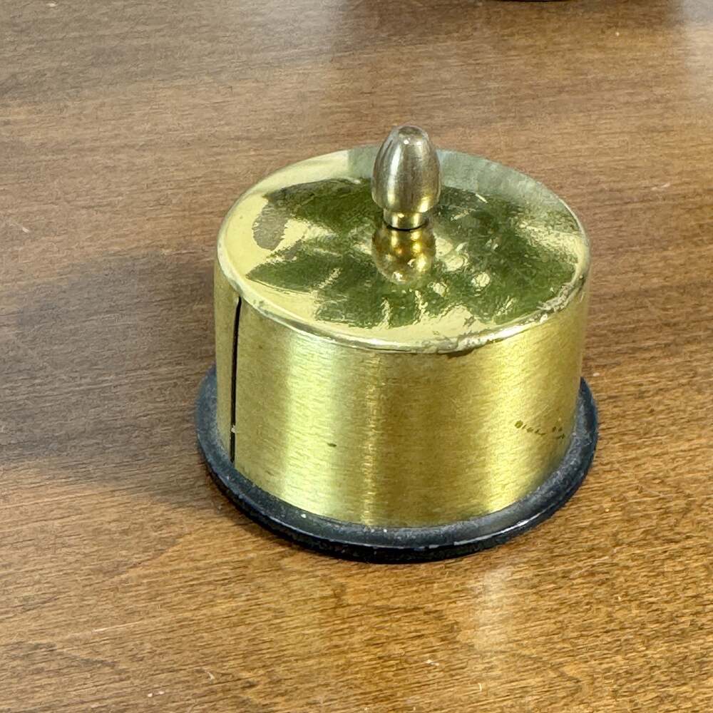 Vintage Brass Postage Stamp Dispenser Round Lidded Knob Top Felt Bottom Decor